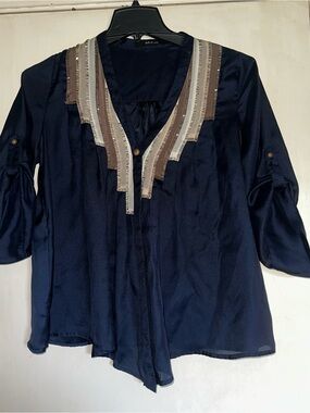 Ark & Co Navy V-Neck Blouse with Beige and Brown Trim